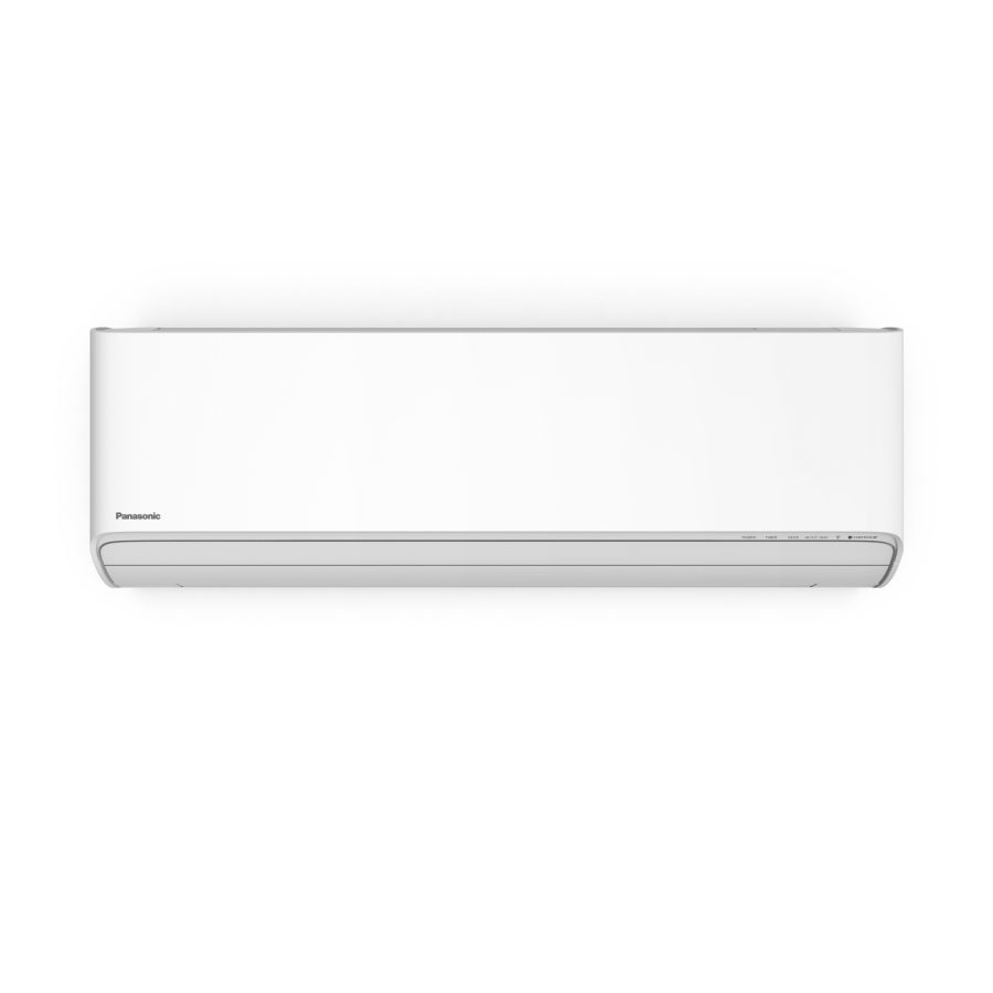 produktbilde av en hvit Panasonic varmepumpe på hvit bakgrunn.